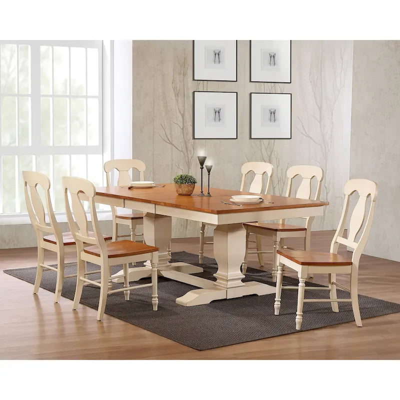 7-Piece Transitional Dining Set with Double Pedestal and Antiqued Caramel/Biscotti Napoleon Back - image 1