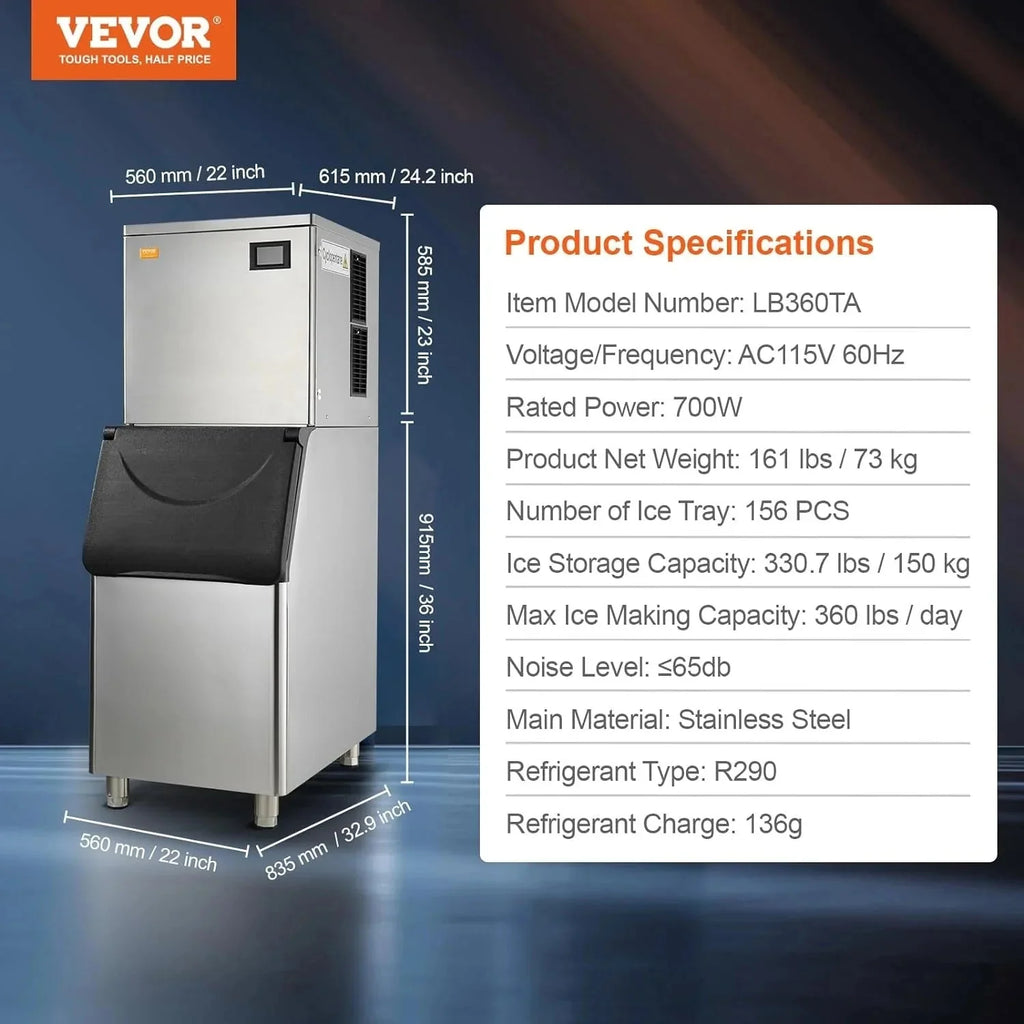 VEVOR Commercial Ice Maker, 360LBS/24H Ice Making Machine with 330.7LBS Large Storage Bin - image 6