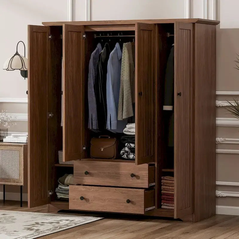 Freestanding 4-Door Wardrobe Armoire with 2 Drawers and Hanging Rods for Clothes Storage - image 16