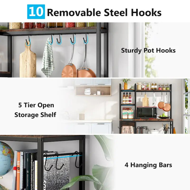 43-Inch Kitchen Bakers Rack with Microwave Stand - 5-Tier Utility Storage Shelf and 10 Hooks for Kitchen and Living Room - image 9