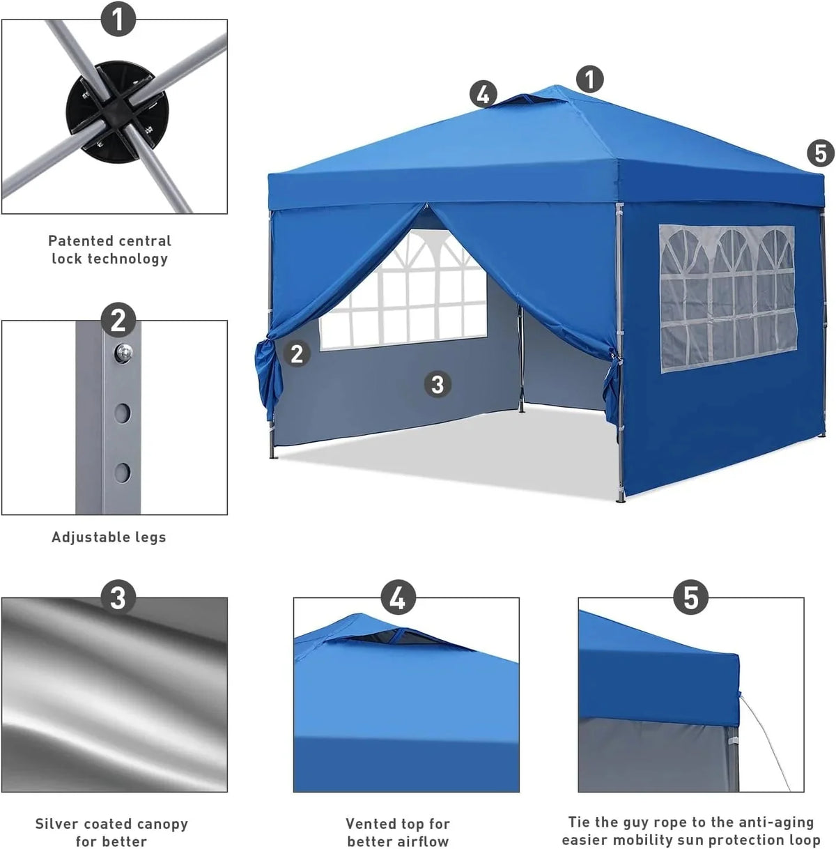 GDY 10x10 Pop Up Canopy Tent, Outdoor Canopy Tent, Patio Tent,Commercial Instant Gazebos,4 Sidewalls, Portable Shelter Canopies, with 4 sandbags, Blue. - image 5