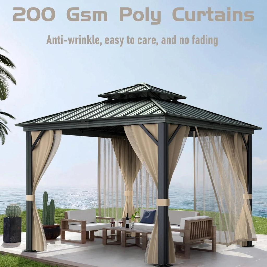 10x10 Hardtop Gazebo with double metal roof, aluminum frame, net, and curtain. All-weather, ideal for patio, deck, garden, backyard. Khaki. - image 10