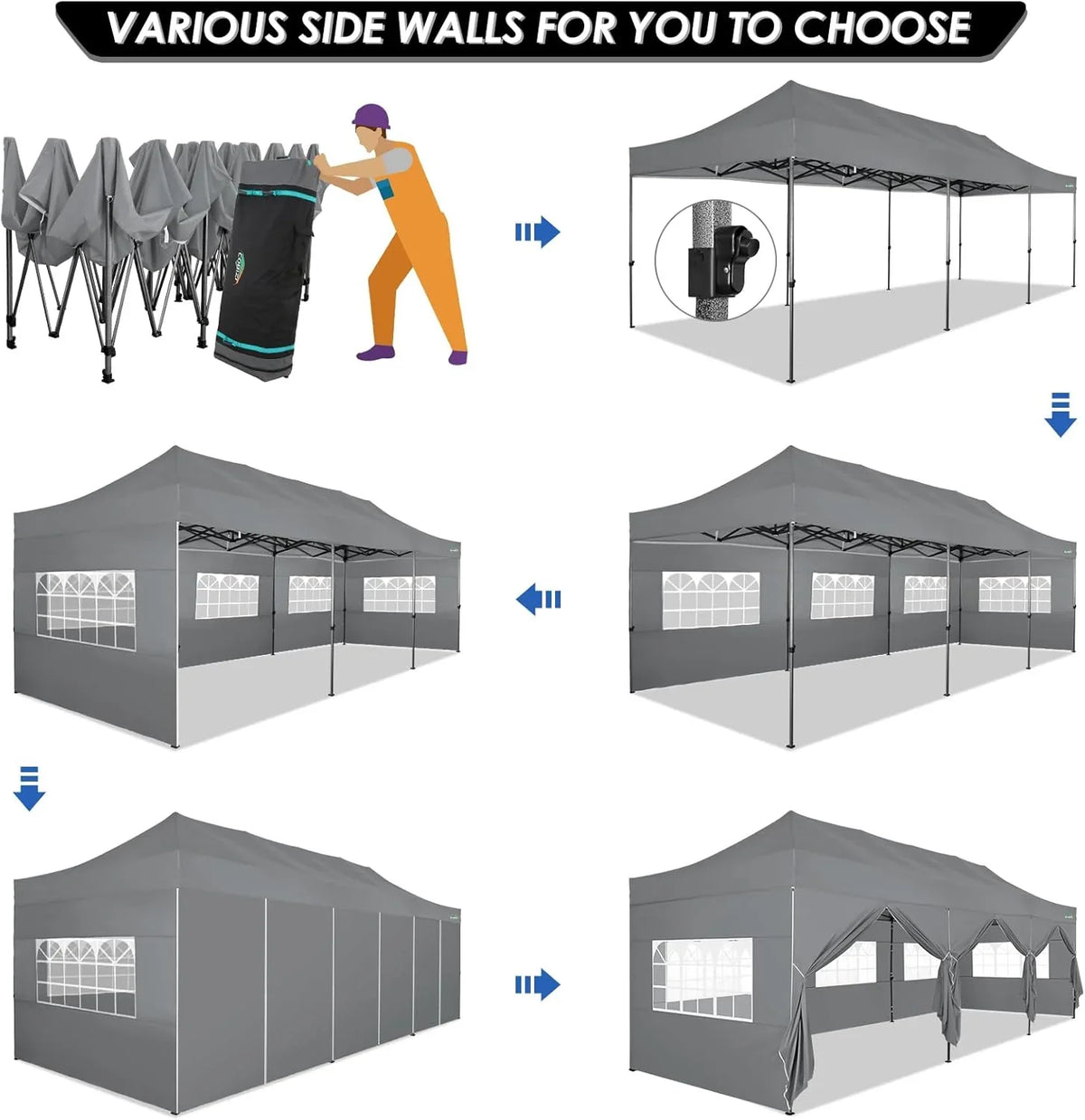 COBIZI 10x20 Heavy Duty Pop up Canopy Tent with 6 sidewalls Easy Up Commercial Outdoor Canopy Wedding Party Tents for Parties All Season Wind & Waterproof Gazebo with Roller Bag,Black(Frame Thickened) - image 139