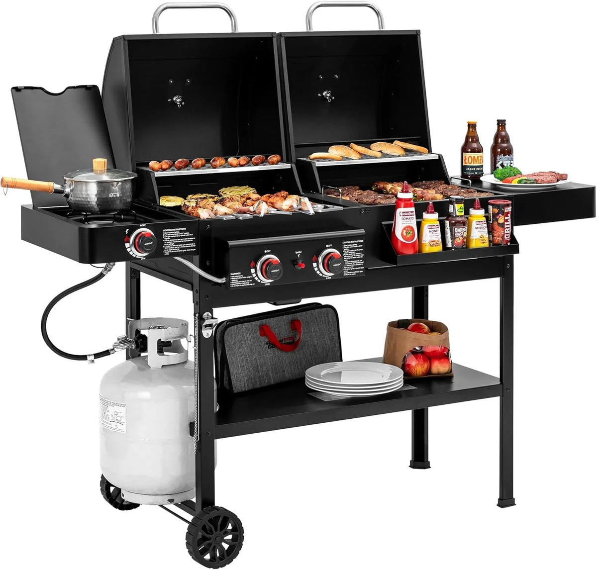 2-Burner Gas and Charcoal Grill Combo with Offset Smoker & Side Burner, 34,000 BTU Dual - image 1
