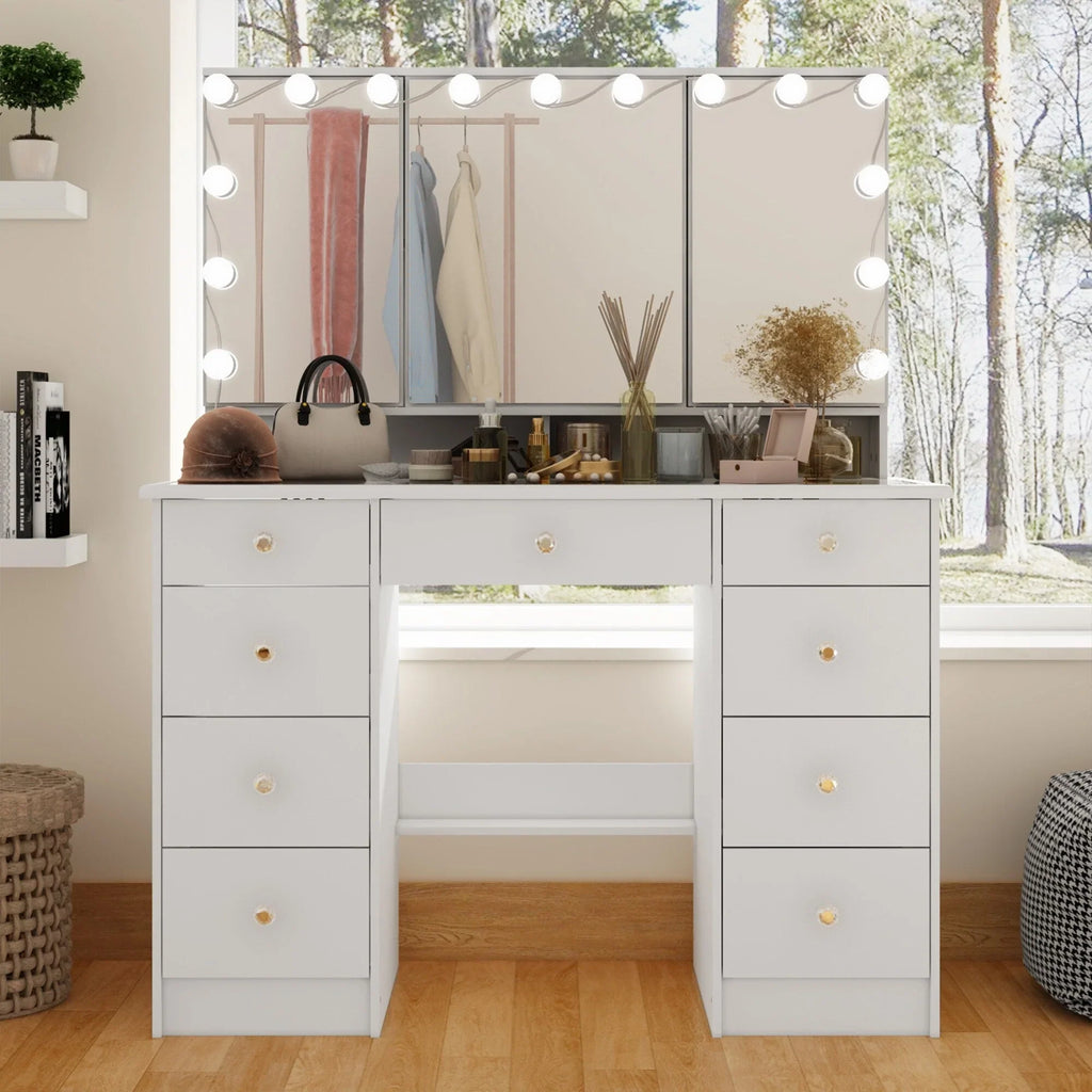 Makeup Vanity w/Tri-Fold Mirror Certified Lighting Glass Top Dresser - image 9