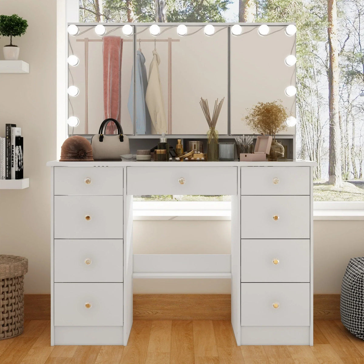 Makeup Vanity w/Tri-Fold Mirror Certified Lighting Glass Top Dresser - image 9