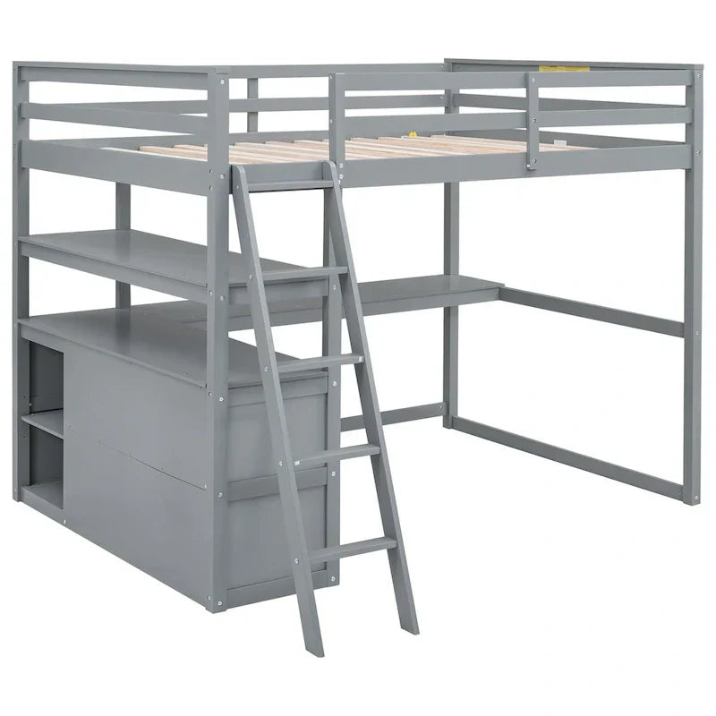 Gray Full-Size Loft Bed with Desk, Shelves, and Two Built-In Drawers - image 10