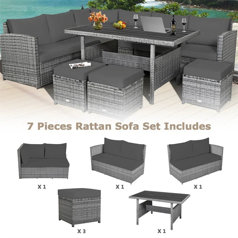 7 Pcs Rattan Patio Dining Furniture Sectional Sofa Set with Dining Table, Ottomans & Cushions - image 51