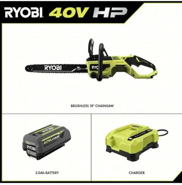 Ryobi 18′′ 40V Cordless Chainsaw Kit with Battery & Charger, Green - image 2