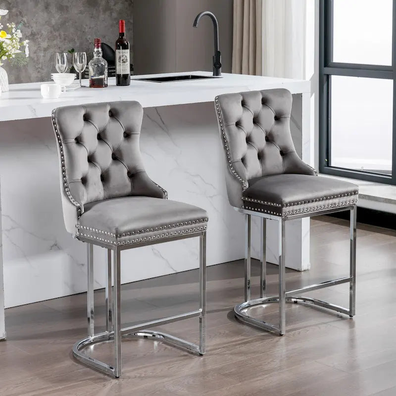 Contemporary Set of 2 Bar Stools with Button-Tufted Back and Studded Trim, Chrome Metal Base - Ideal for Dining Room, Living Room, and Bedroom - image 37