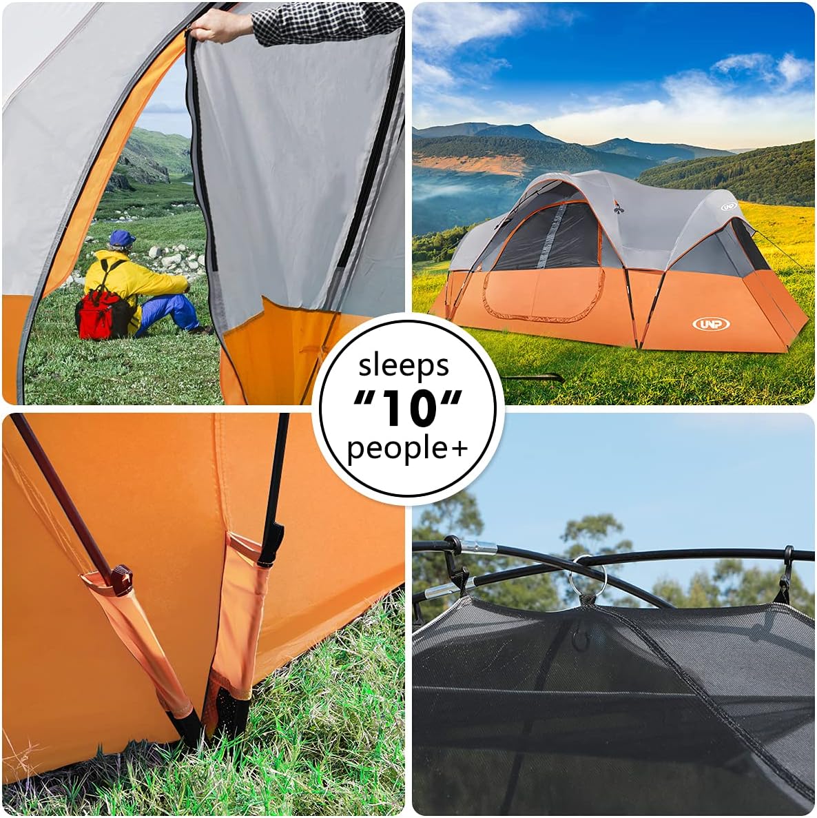 UNP Camping Tent 10-Person-Family Tents, Parties, Music Festival Tent, Big, Easy Up, 5 Large Mesh Windows, Double Layer, 2 Room, Waterproof, Weather Resistant, 18ft x 9ft x78in - image 37
