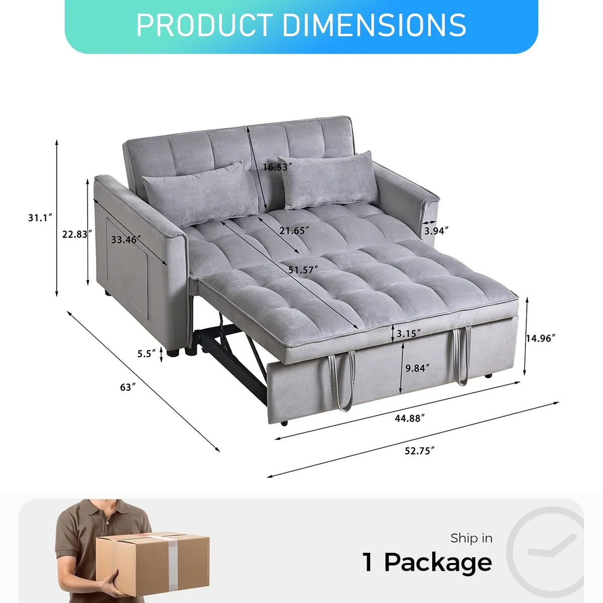 3 in 1 Convertible Sleeper Sofa Bed, Futon Couches for Living Room with Side Pocket / Adjustable Backrest/ Velvet Fabric / Pull Out Couch / Love-seat sofa/ Sectional Sofa Bed/ 2-seat sofa bed - image 9