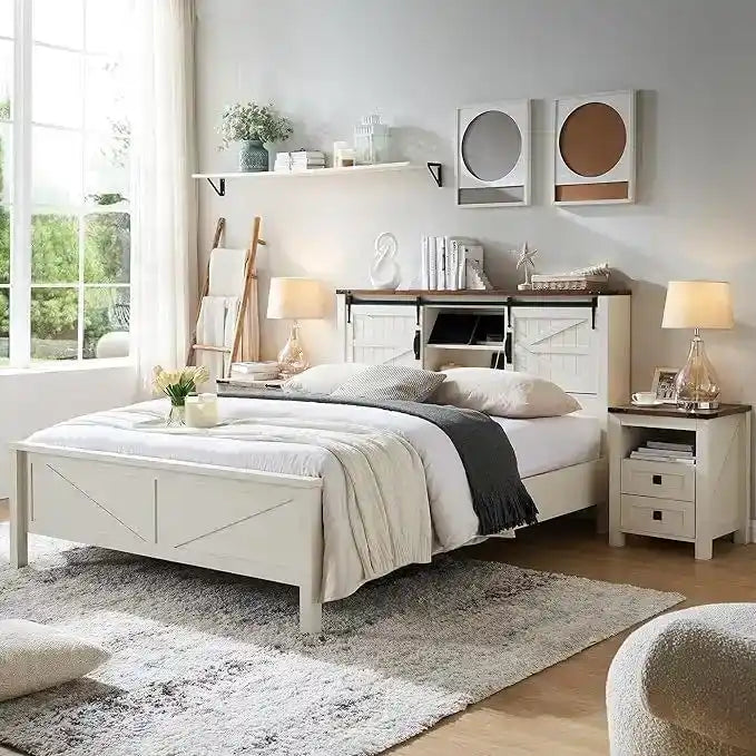 Farmhouse Platform Bed with Storage Headboard Sliding Doors and Charging Station - image 6