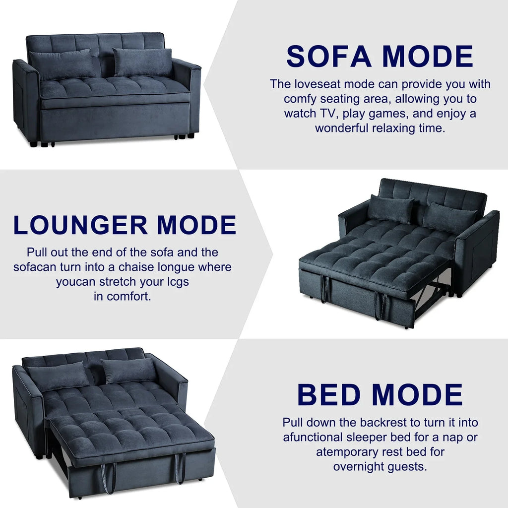 3 in 1 Convertible Sleeper Sofa Bed, Futon Couches for Living Room with Side Pocket / Adjustable Backrest/ Velvet Fabric / Pull Out Couch / Love-seat sofa/ Sectional Sofa Bed/ 2-seat sofa bed - image 2