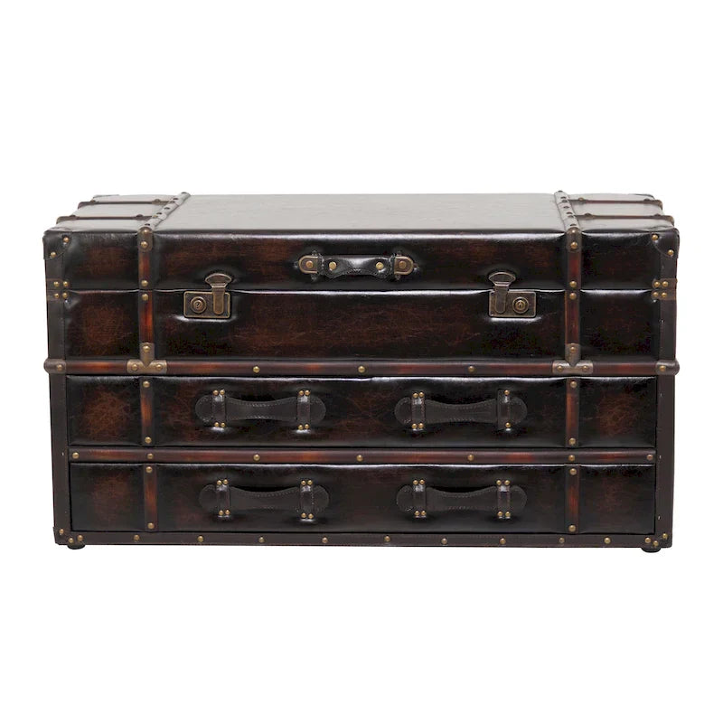 Roche River Decor Faux Leather or Linen Fabric Coffee Table Trunk with 2 Drawers and Buckle Hinged Top - Available in Dark Blue or Brown - image 4
