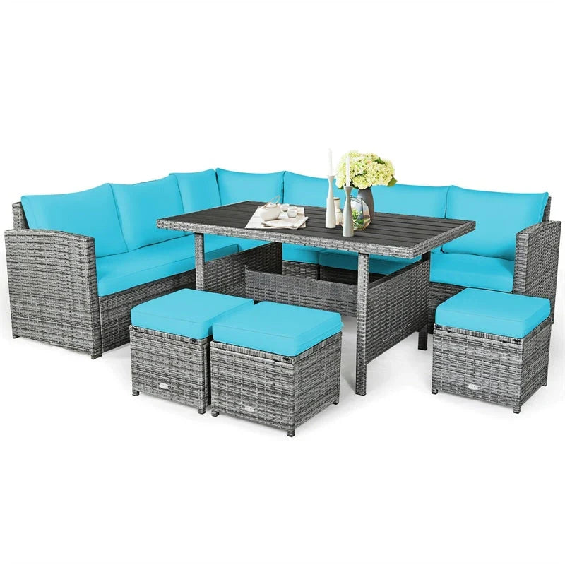 7 Pcs Rattan Patio Dining Furniture Sectional Sofa Set with Dining Table, Ottomans & Cushions - image 35