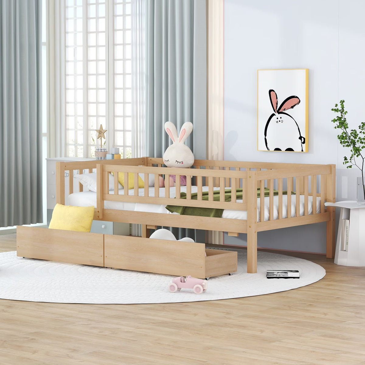 Holaki Twin Size Wood Bed with Guardrails and 2 Storage Drawers for Kids, Gray - image 3