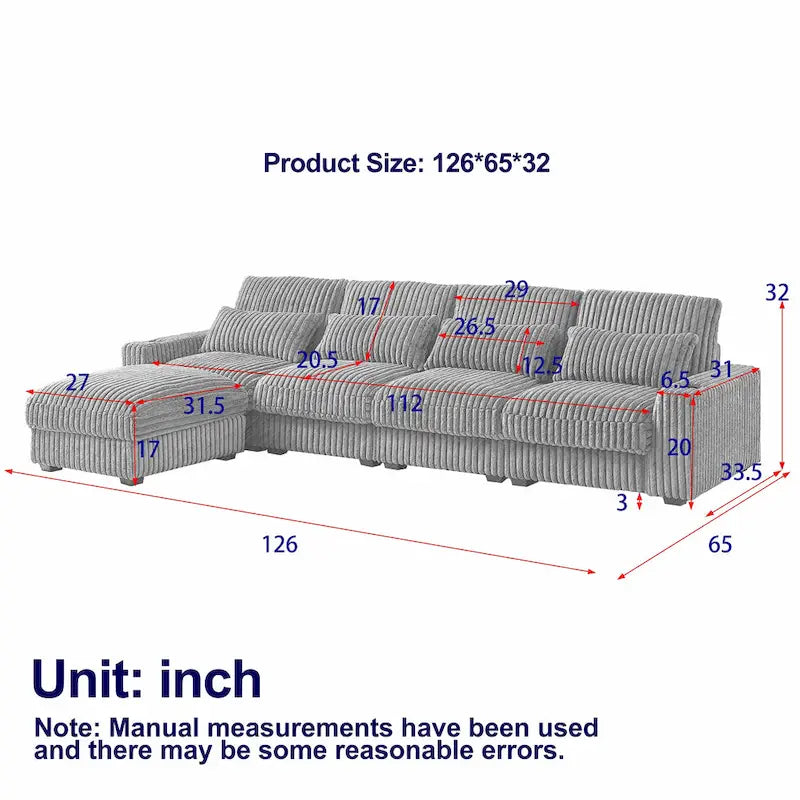 126W Large L-Shaped Corduroy Sofa with USB Charging Port - image 12