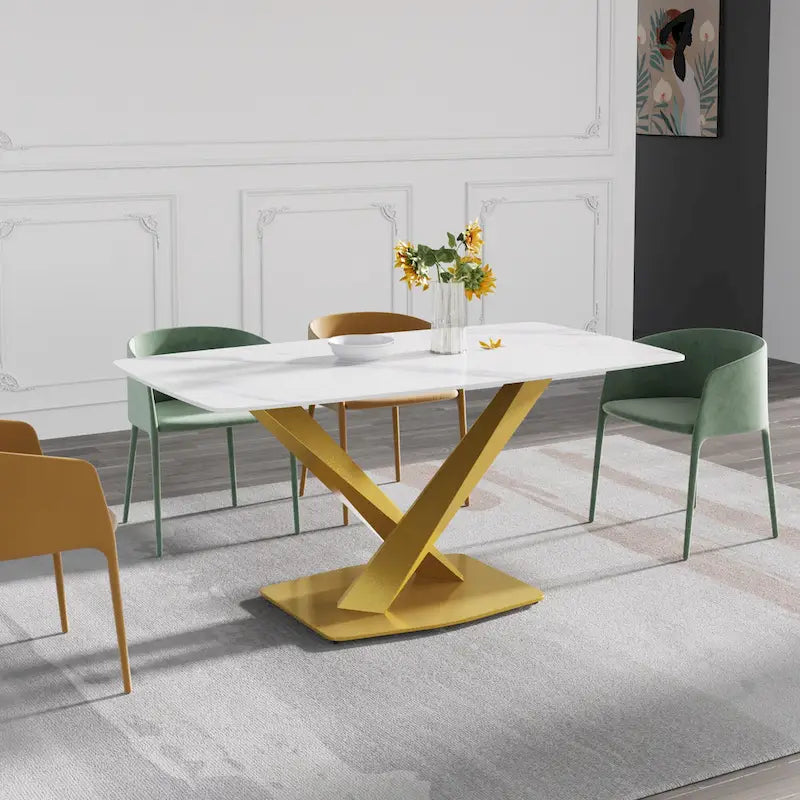 63-Inch Contemporary Dining Table with Slate Stone Surface and Metal Legs, Marble Finish - image 7