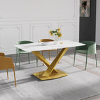 63-Inch Contemporary Dining Table with Slate Stone Surface and Metal Legs, Marble Finish - image 7