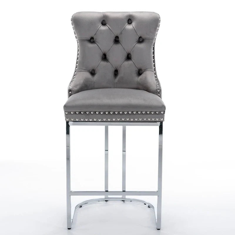 Contemporary Set of 2 Bar Stools with Button-Tufted Back and Studded Trim, Chrome Metal Base - Ideal for Dining Room, Living Room, and Bedroom - image 24