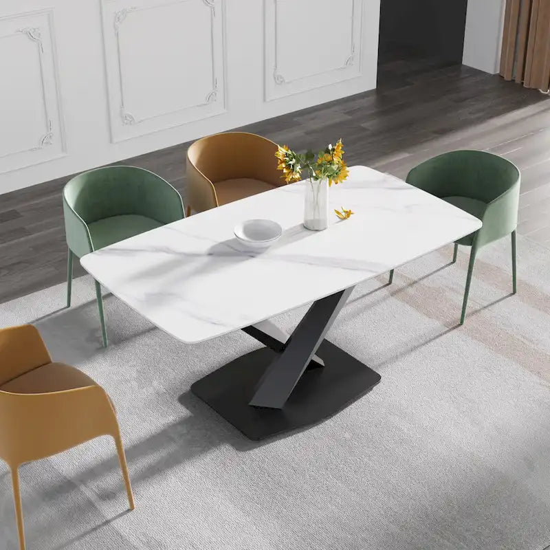 63-Inch Contemporary Dining Table with Slate Stone Surface and Metal Legs, Marble Finish - image 1