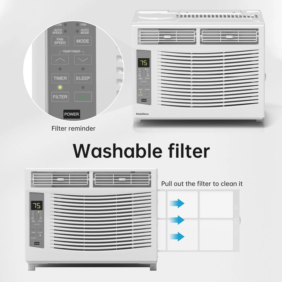 Philodeco 6000 BTU Window Air Conditioner Cool to 250 Sq Ft Intelligent, LED, Remote Control, Easy to Clean Filter - image 3