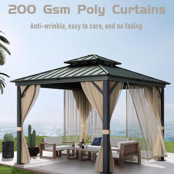 10x10 Hardtop Gazebo with double metal roof, aluminum frame, net, and curtain. All-weather, ideal for patio, deck, garden, backyard. Khaki. - image 3