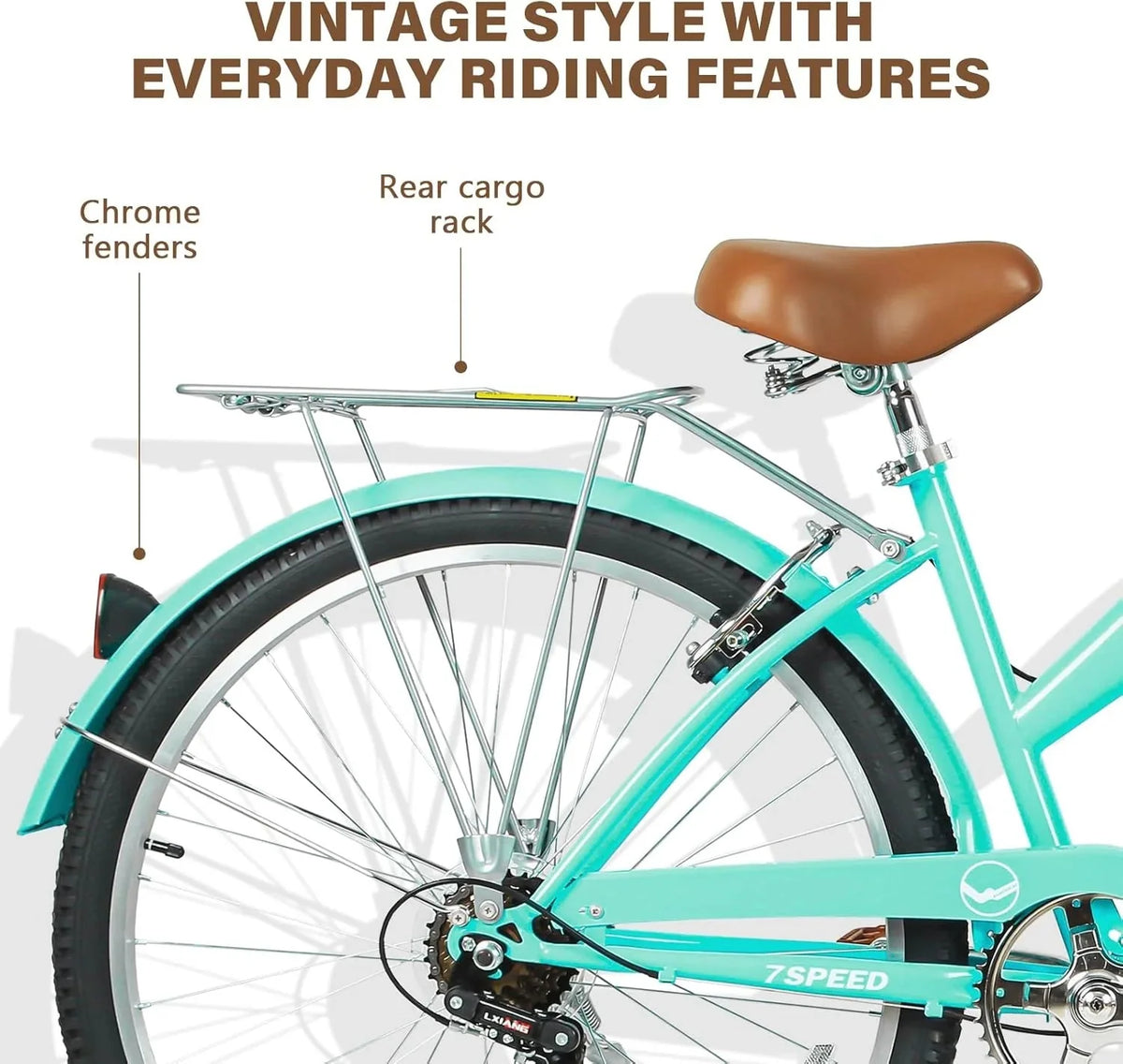 WEIZE Beach Cruiser Bike, 26 inch Commuter Bicycle for Adult Men and Women, 7-Speed/High-Carbon Steel/Front & Rear Fenders, Comfortable City Bikes with Rear Rack or Basket, Ergonomic Upright Design - image 21