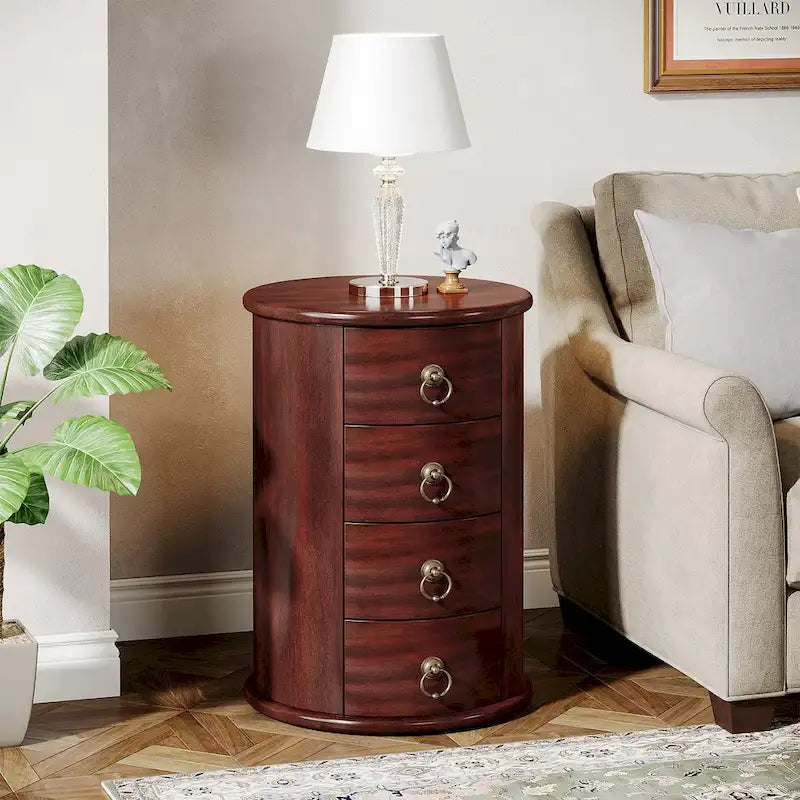 No Assembly Solid Wood End Table, Vintage Round Side Drawers Table - image 7