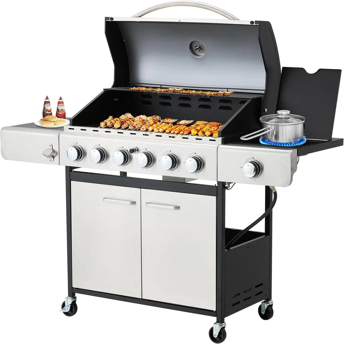 Upgraded 4 Burner BBQ Propane Gas Grill with Cast Iron Grates & Side Stove, 44,000 BTU Stainless Steel Burner Barbecue Grill for Patio, Camping, Outdoor Cooking. - image 5