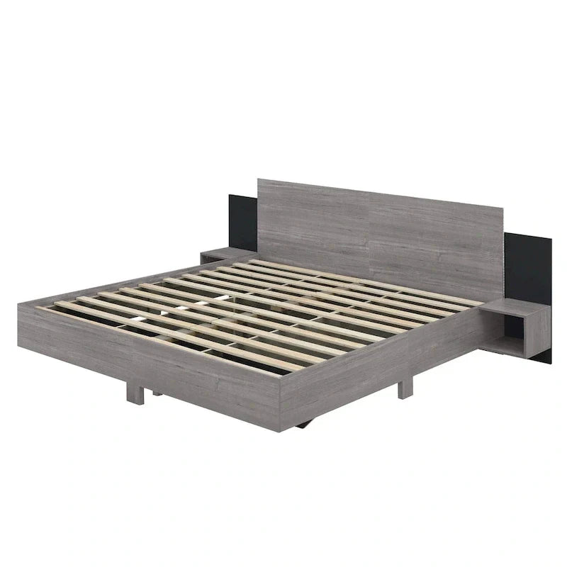 Modern King Size Wooden Floating Bed Frame with Nightstand and LED - Slatted Support Design - image 18