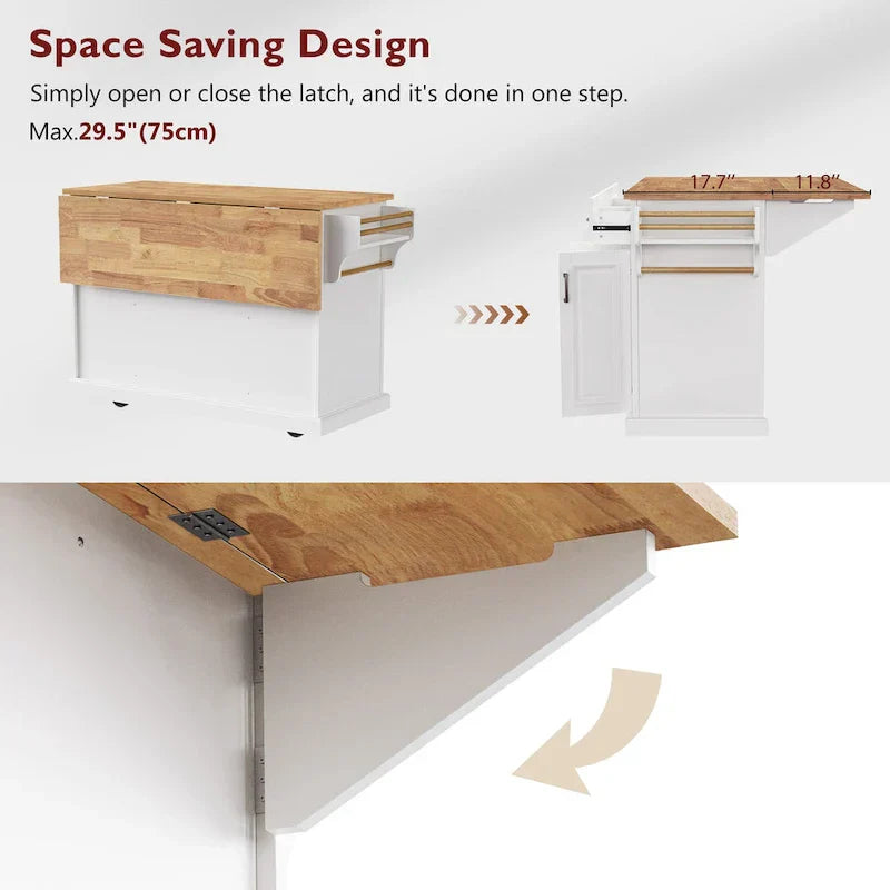 Large Kitchen Island with Wood Drop Leaf, Embossed Texture Rolling Kitchen Cart wDoors and Drawers wStorage for Kitchen, White - image 12
