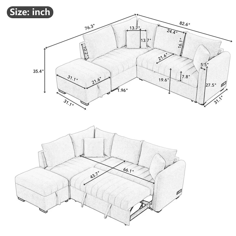 82.6" L-Shaped Sectional Sofa Bed with Pull-Out Feature, USB Ports, Power Sockets, and Movable Storage Ottoman - Bei - image 2