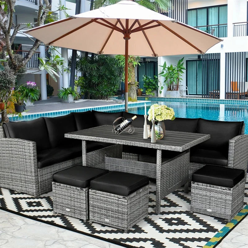 7 Pcs Rattan Patio Dining Furniture Sectional Sofa Set with Dining Table, Ottomans & Cushions - image 61