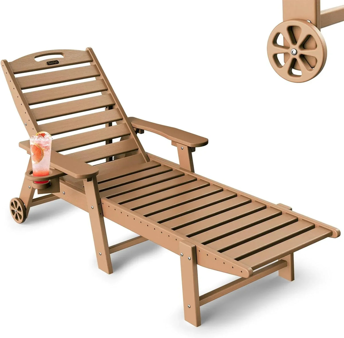 Lounge Chair Outdoor, Chaise Lounge, HDPE 6-Position Outdoor Chaise Lounge, Patio Lounge Chair with Wheels & Cup Holder for Pool Poolside Deck Backyard, Teak - image 13