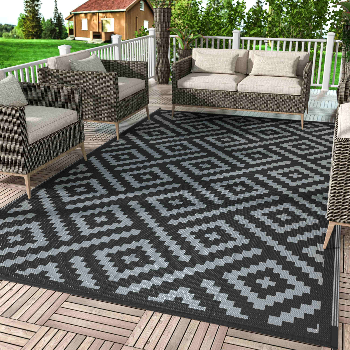 DEORAB Outdoor Rug for Patio Clearance, Reversible Plastic Camping Rugs, 5'x8', Black & Gray, Size: 5' x 8' - image 1
