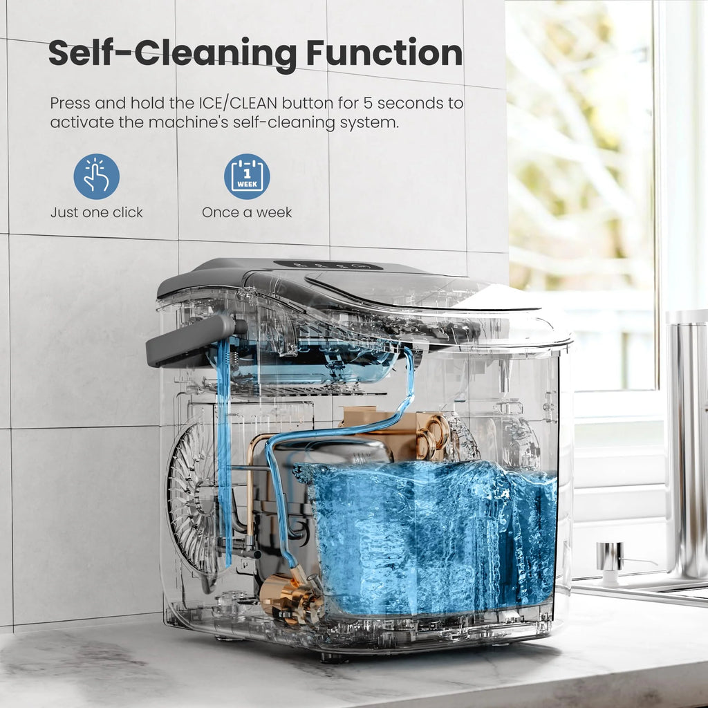 Crzoe Countertop Ice Maker Machine with Handle, 9 Bullet-Shaped Ice Cubes Ready in 6 Mins, 26Lbs/24H, Self-Cleaning Function with Ice Scoop and Basket for Home/Kitchen/Party (Grey) - image 3