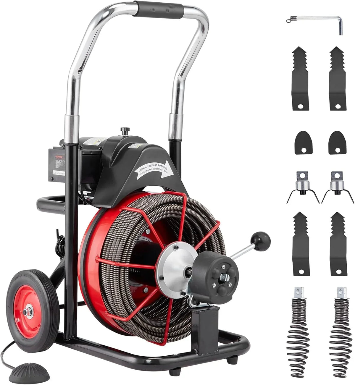 Drain Cleaner Machine 100FT x 1/2 Inch, Auto Feed Sewer Snake Auger on Wheels, 550W Portable Drain Cleaning Machine with 8 Cutters & Air-activated Foot for 2" to 4" Pipes - image 2