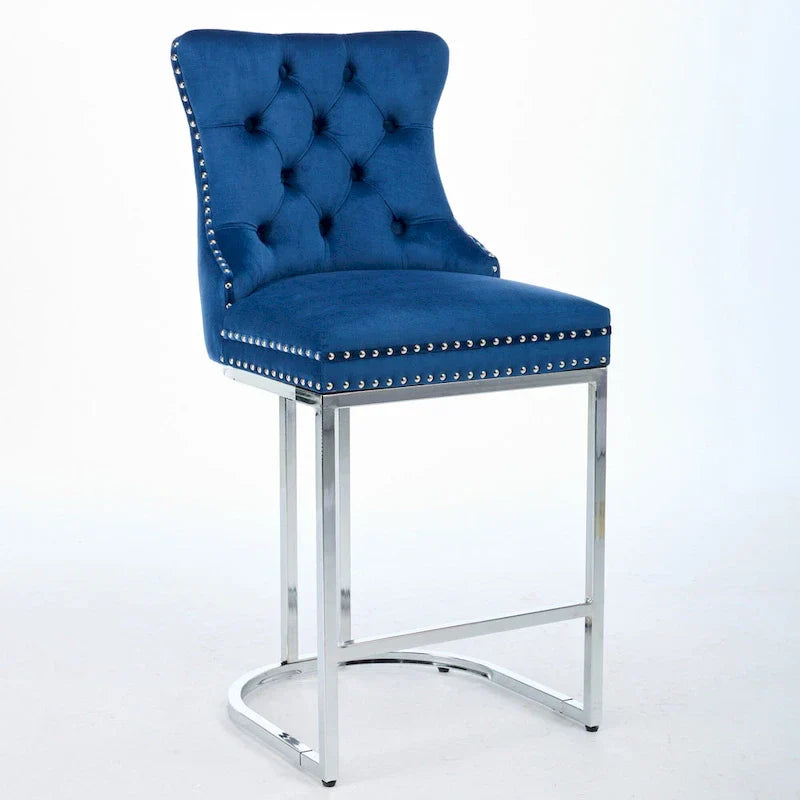 Contemporary Set of 2 Bar Stools with Button-Tufted Back and Studded Trim, Chrome Metal Base - Ideal for Dining Room, Living Room, and Bedroom - image 7