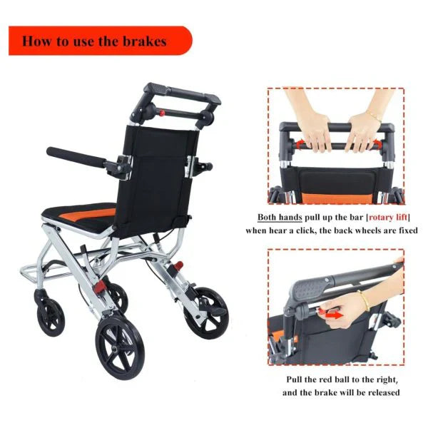 Ultra-Light Portable Folding Wheelchair, Travel-Friendly with Handbrake, 220 lbs Capacity, Ideal for Elderly & Children, 34.232.6 Unfolded Dimensions - image 3