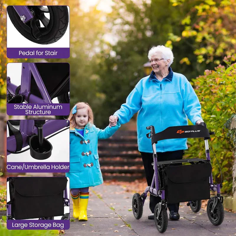 Foldable Rolling Walker with 9.5" All Terrain Pneumatic Wheel, Heavy Duty Height Adjustable Rollator Walker with Seat for Seniors - image 9