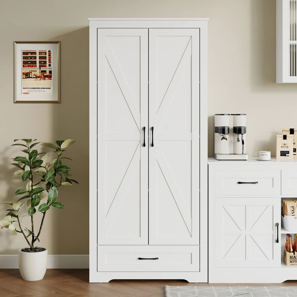 YouTrend 69" Tall Kitchen Pantry,Farmhouse Storage Cabinet with 2 Barn Doors 4 Adjustable Shelves and Large Drawer for Dining Room,Living Room,Bathroom,White - image 8