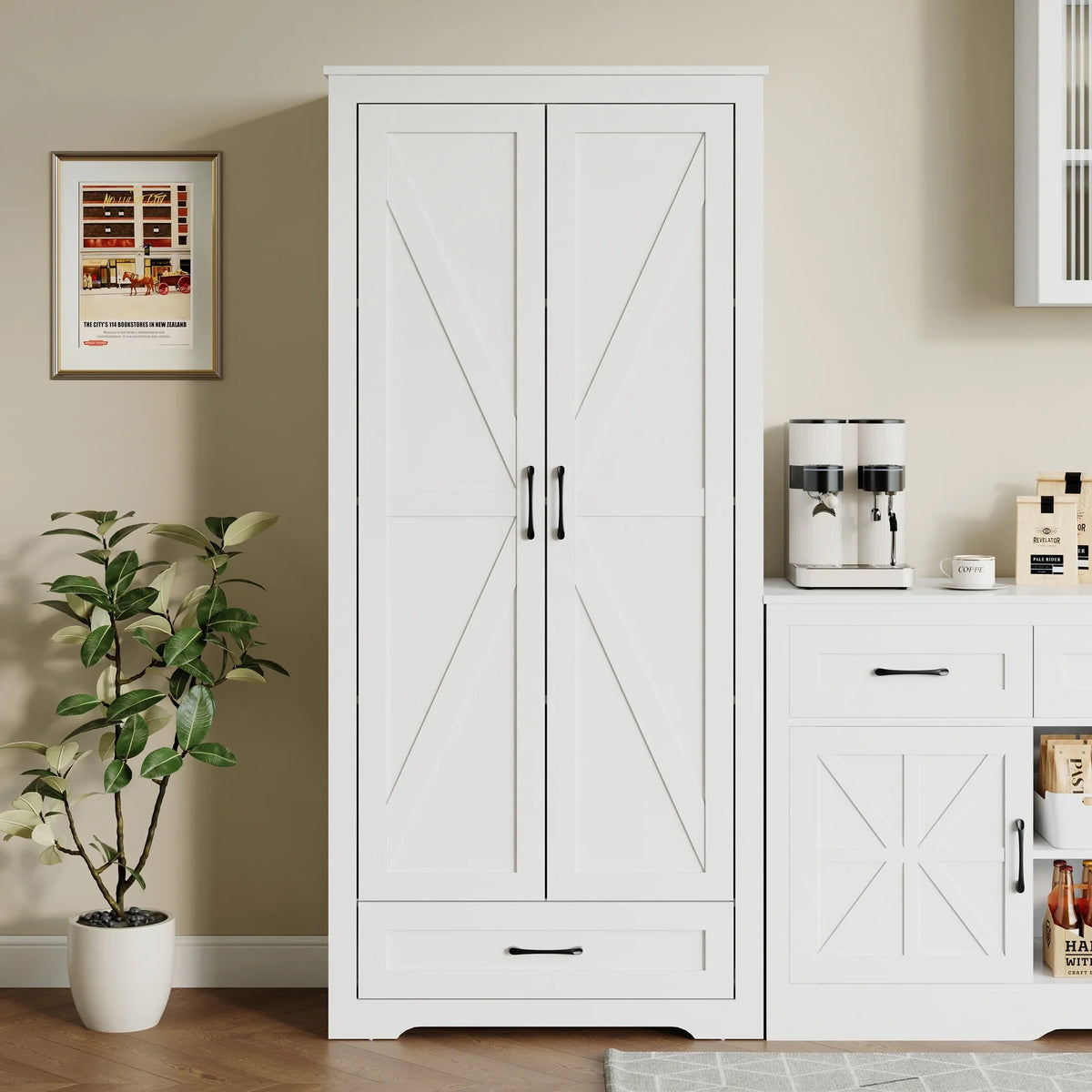 YouTrend 69" Tall Kitchen Pantry,Farmhouse Storage Cabinet with 2 Barn Doors 4 Adjustable Shelves and Large Drawer for Dining Room,Living Room,Bathroom,White - image 8