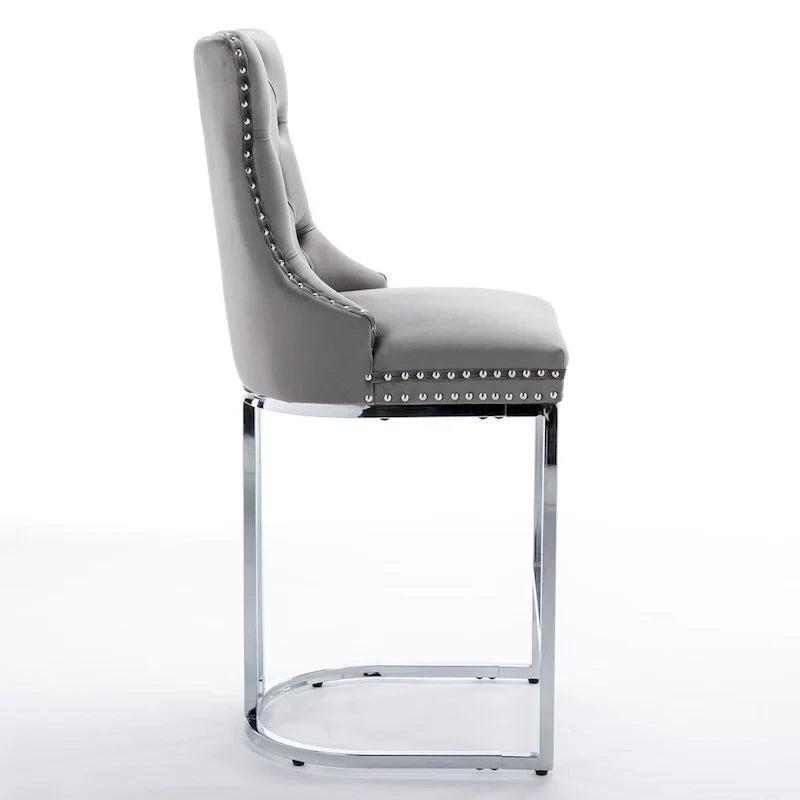 Contemporary Set of 2 Bar Stools with Button-Tufted Back and Studded Trim, Chrome Metal Base - Ideal for Dining Room, Living Room, and Bedroom - image 27