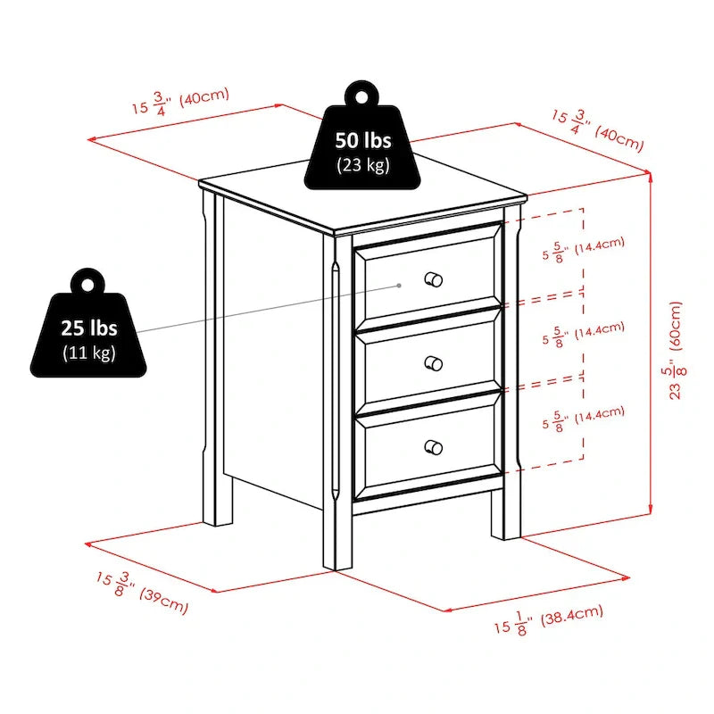Elegant Black Wooden Nightstand with 3 Generous Storage Drawers - Dimensions: 15.75L x 15.75W x 23.63H - image 15