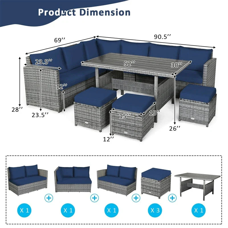 7 Pcs Rattan Patio Dining Furniture Sectional Sofa Set with Dining Table, Ottomans & Cushions - image 32