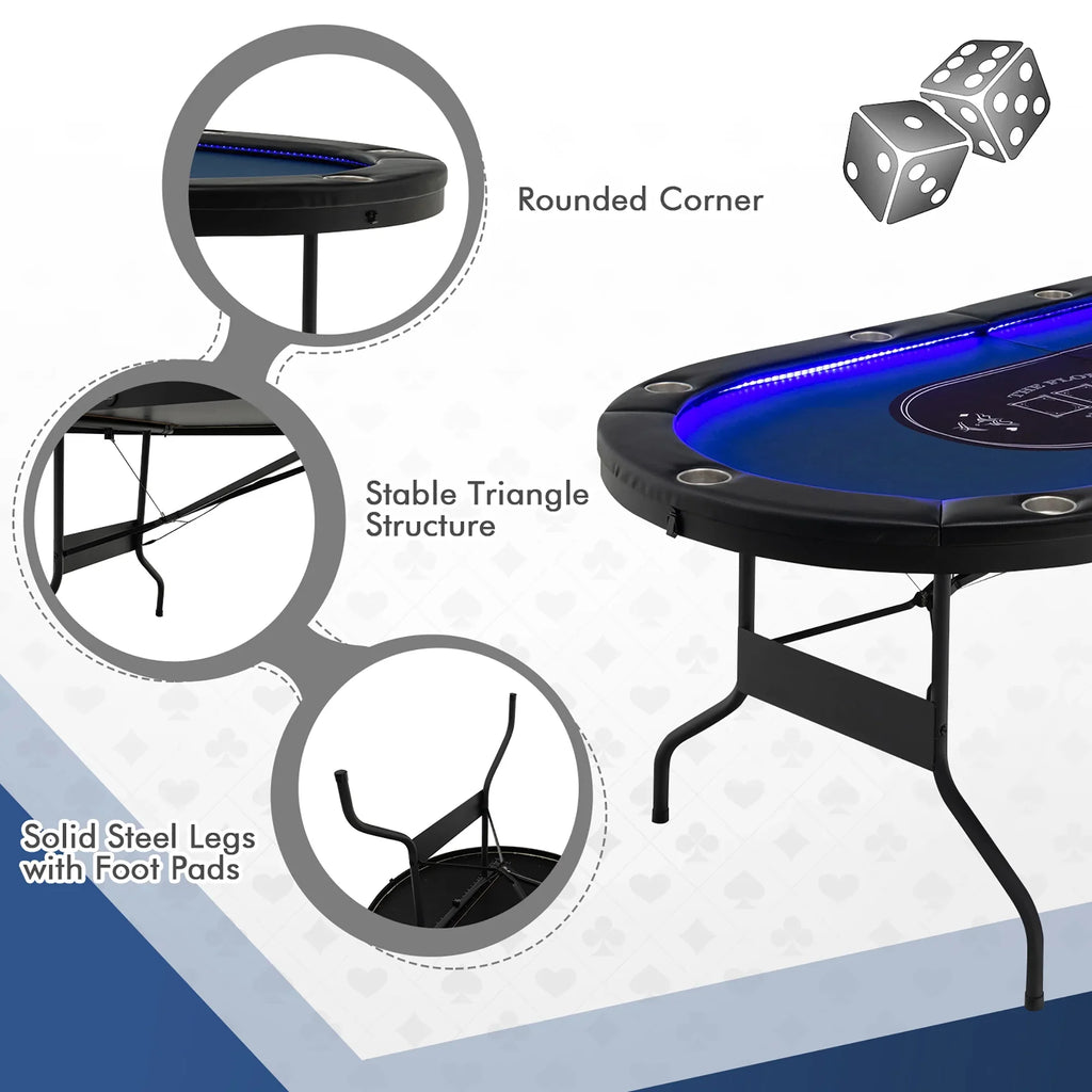 Costway Foldable, USB Ports, LED Lights 10 Player Poker Table, Blue/Black - image 11
