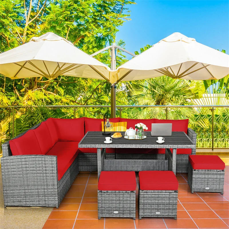 7 Pcs Rattan Patio Dining Furniture Sectional Sofa Set with Dining Table, Ottomans & Cushions - image 16