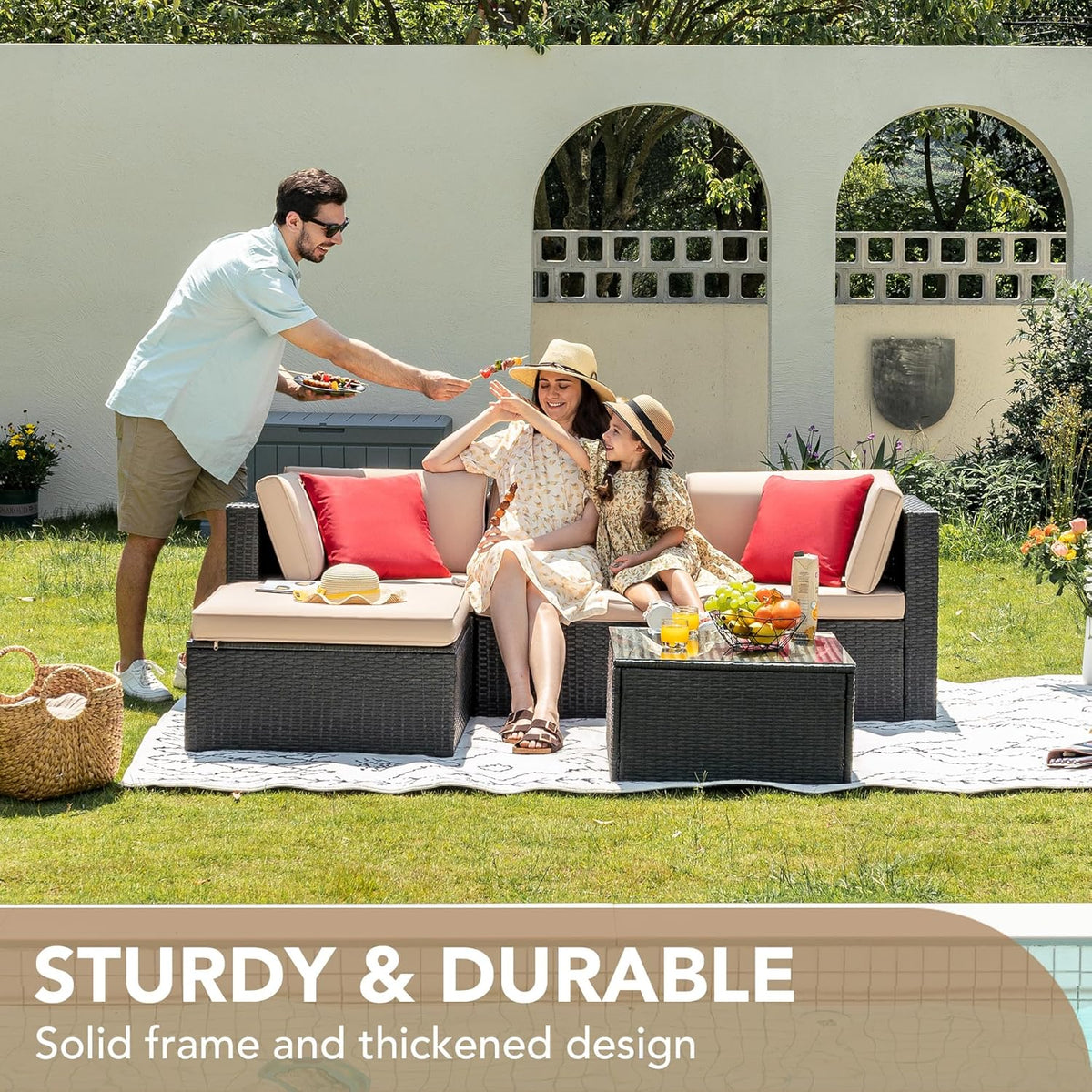 Devoko 5 Pieces Patio Furniture Sets All Weather Outdoor Sectional Patio Sofa Manual Weaving Wicker Rattan Patio Seating Sofas with Cushion and Glass Table(Beige) - image 13
